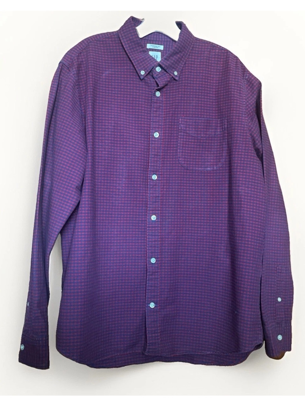 GAP Men's Large (L) Standard Fit Cotton Burgundy/Navy Check Flannel Shirt - Picture 3 of 8
